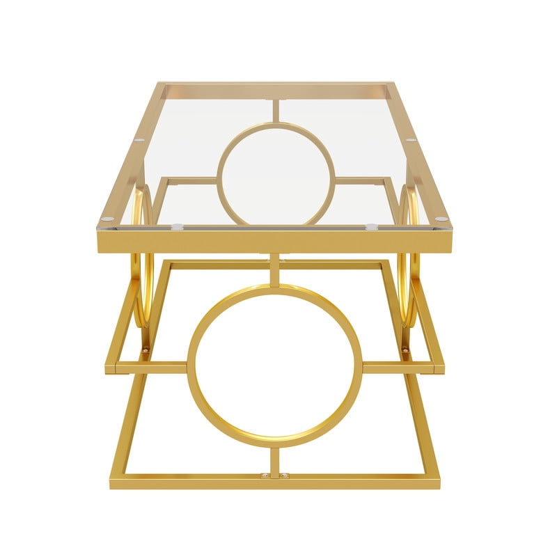 Glass Top Coffee End Table with Gold Metal Frame, Rectangular Storage Center Cocktail Table with Geometric Circle Base