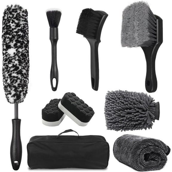 9Pcs Car Wheel & Tire Brush Kit, Wheel Cleaner Brush, Soft-bristled Rim Brush, Car Drying Towel (36"x 24"), Tire Shine Applicator Pad, Car Wash Mitt