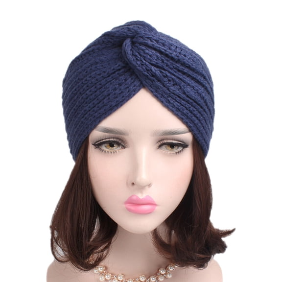 Worgeous Women Warm Turban Knit Headband Cross Arab Hair Wrap Hat Beanie Crochet Headwrap Women (Navy Blue)