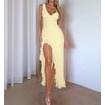 thumbnail image 3 of Deliqiba Women V Neck Sleeveless Mesh Ruffle Hem Bodycon Maxi Casual Backless High Slit Cocktail Party Dress Yellow S, 3 of 6