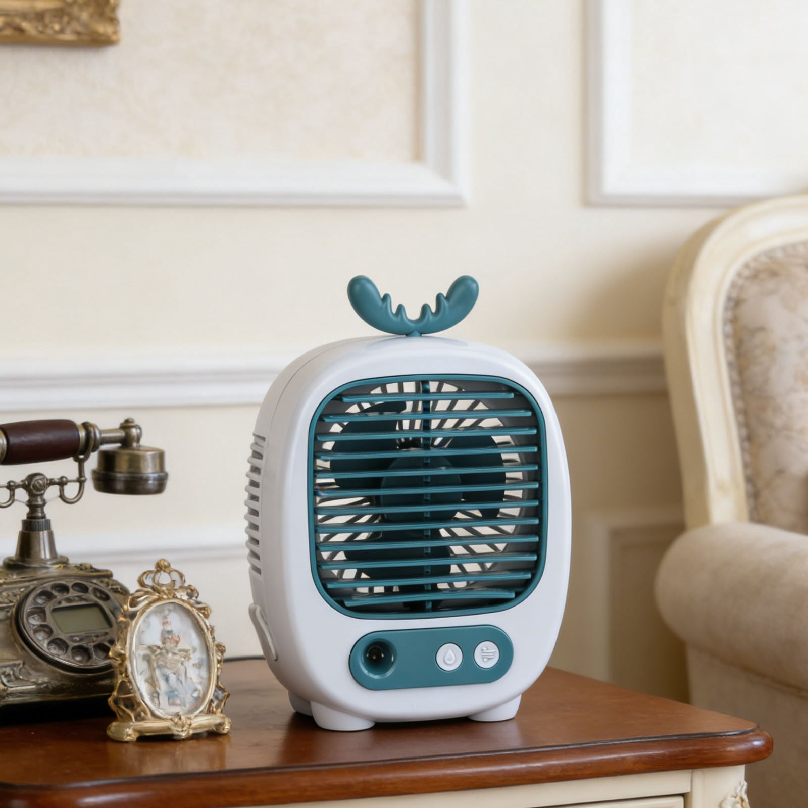 Cute Antler Design Portable Evaporative Air Cooler, 3-in-1 Mist Humidifier Desktop Fan for Home & Office