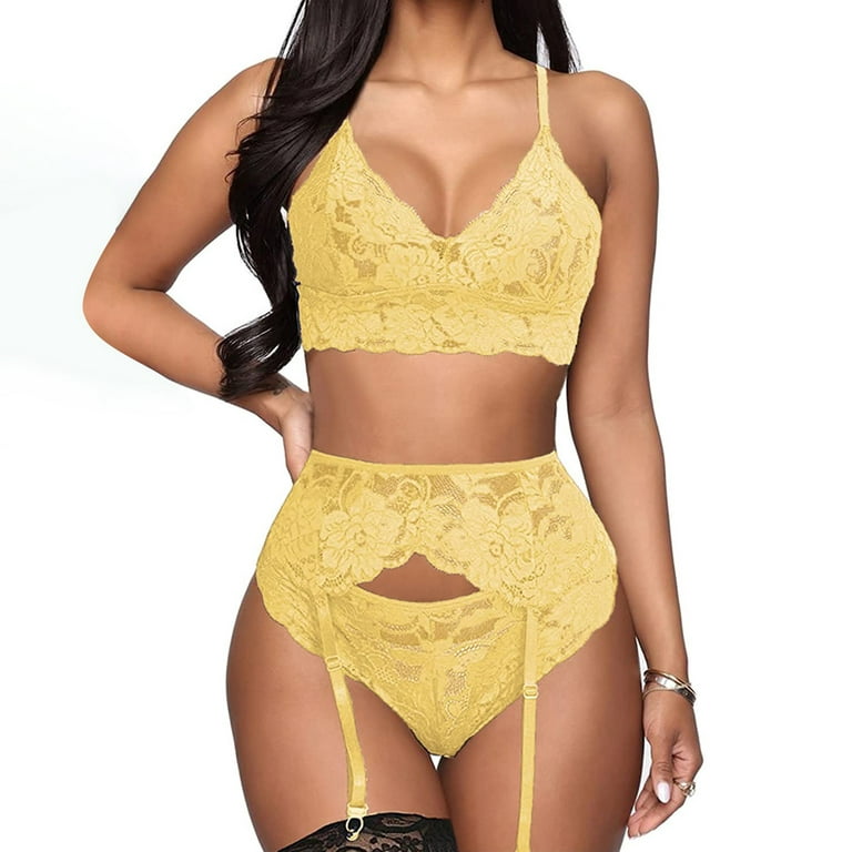 YDKZYMD Womens Lingerie 2 Piece Set Plus Size Sexy Lace Bralette with  Garter Belt Bra and Panties for Women Yellow L 