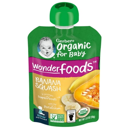 Gerber 2nd Foods Baby Food Organic for Baby Wonder Foods Baby Food, Banana Squash, 3.5 oz Pouch (12 Pack)
