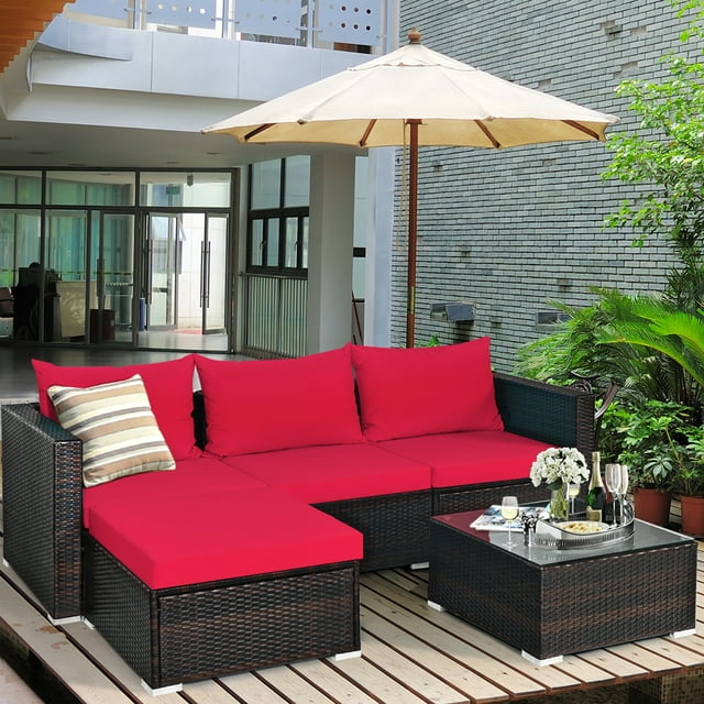 Gymax Ensemble de Conversation de Patio en Rotin Rembourré 5 Pcs avec Ottoman Coussin Rouge
