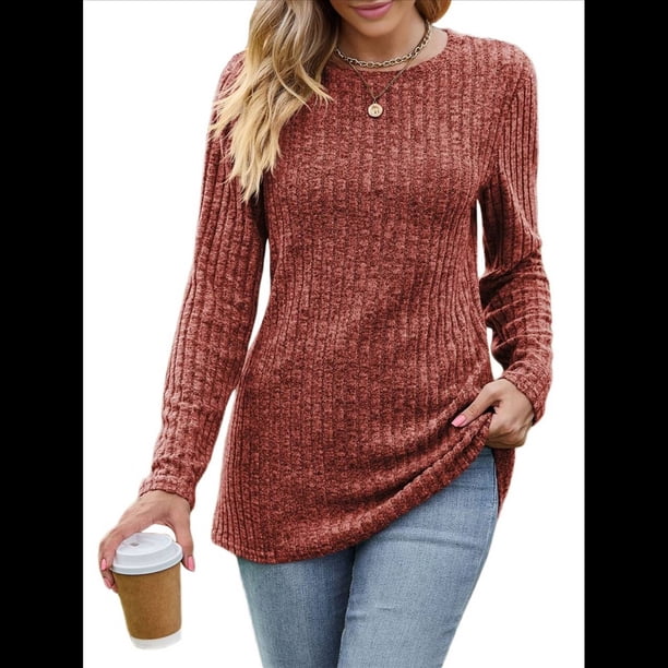 Blusas Elegantes e Informales de Larga para Mujer, Ropa Informal de Negocios, Suéteres Cálidos de Otoño. Rojo Ladrillo L