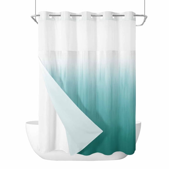 No Hook Shower Curtains with Snap-in Liner Set, Teal Green Ombre Waterproof Hotel Style Bathroom Shower Curtain, Contemporary Gradient Abstract Art Breathable Mesh Top Window Bath Curtains 72''x84''
