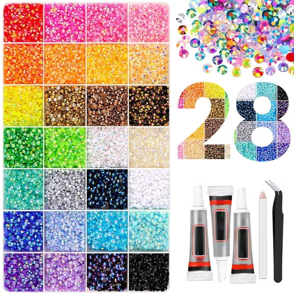 30000Pcs Jelly Rhinestones bedazzling kit, 28 Colors Variety Flatback Gems with Glue Wax Pencil Tweezer Storage Box for Clothing Shoes Bags Decoration