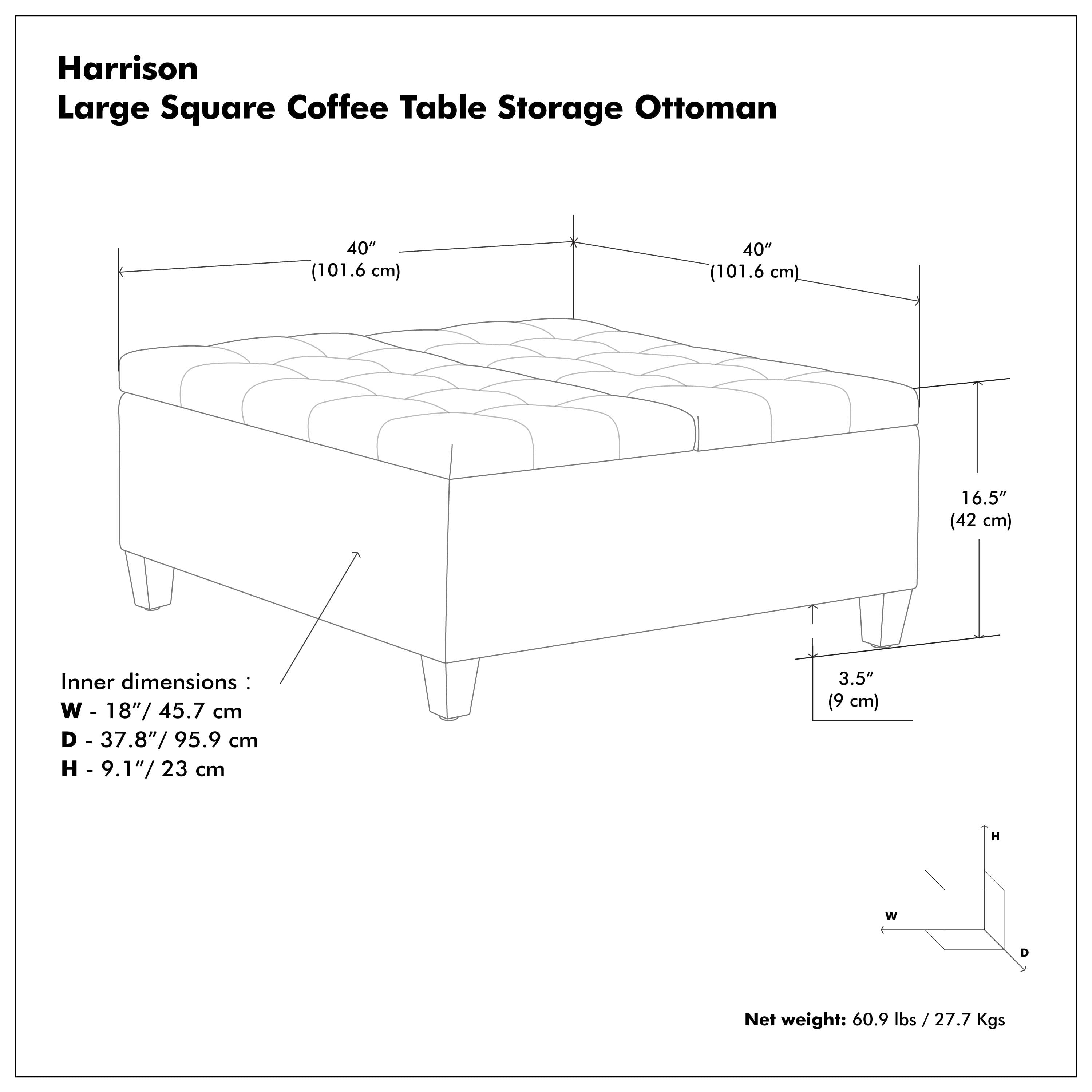 Harrison 40 inch Wide Transitional Large Square Coffee Table Storage Ottoman in Cloud Grey Linen Look Fabric