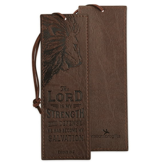 Christian Art Gifts Faux Leather Bookmark The Lord is My Strength Exodus 15:2 Bible Verse, Brown