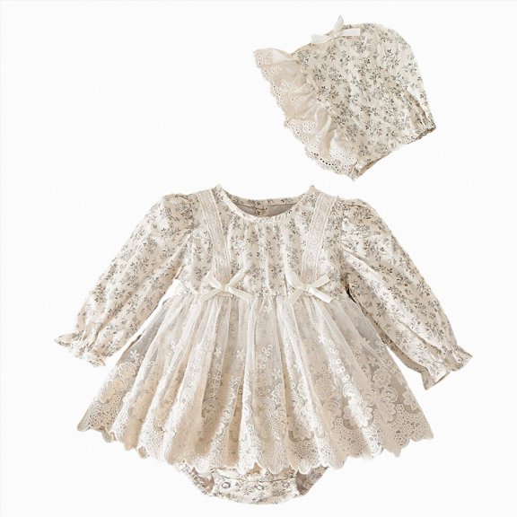 larppty Baby Girl Floral Romper, Long Sleeve Lace Dress Bodysuit with Bonnet, Princess Style Outfit for Newborn and Infant