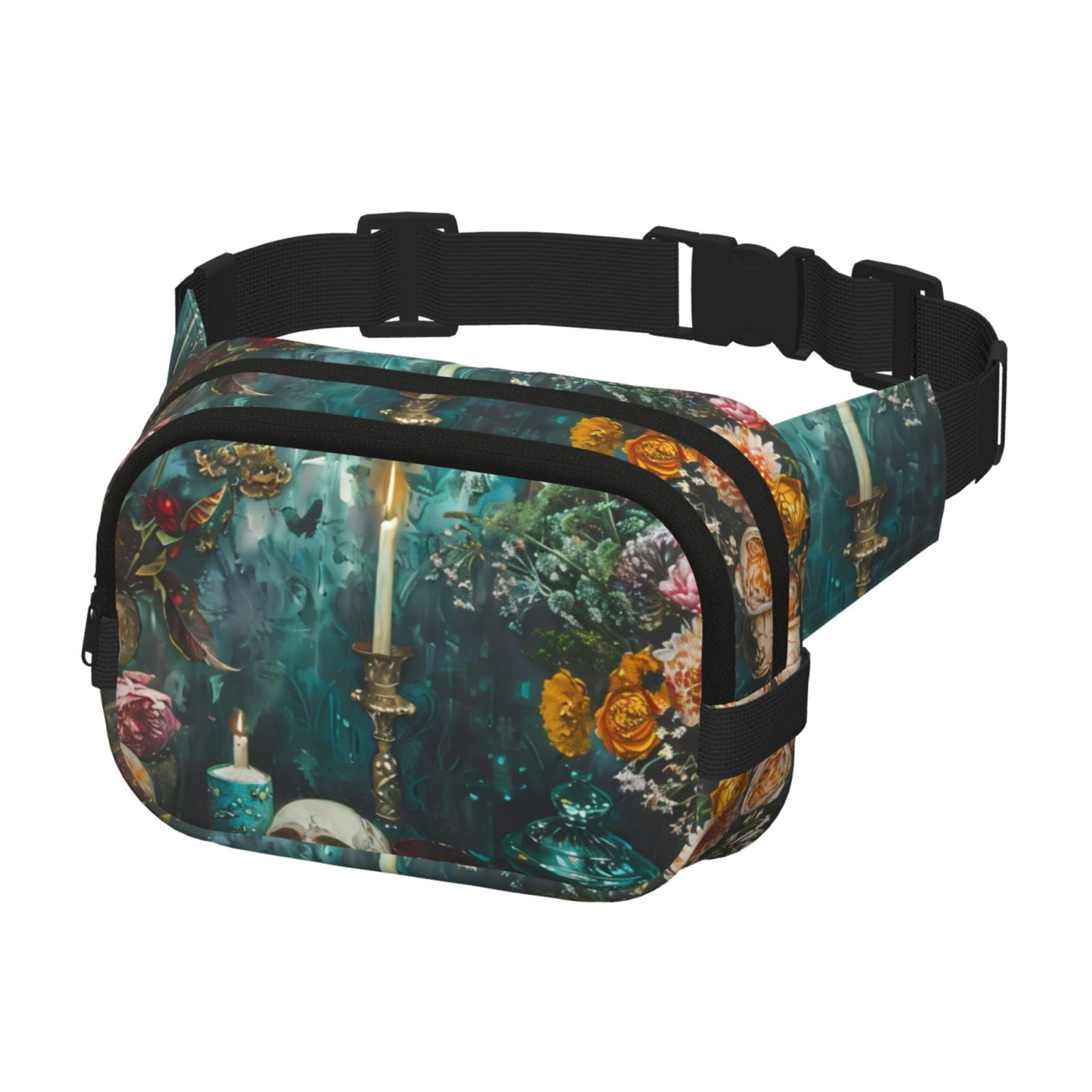 Picia Baroque Floral Still Life Print Square Double-Layer Waist Bag Mini Adjustable Waist Belt Bag Exercise Running Travel Hiking