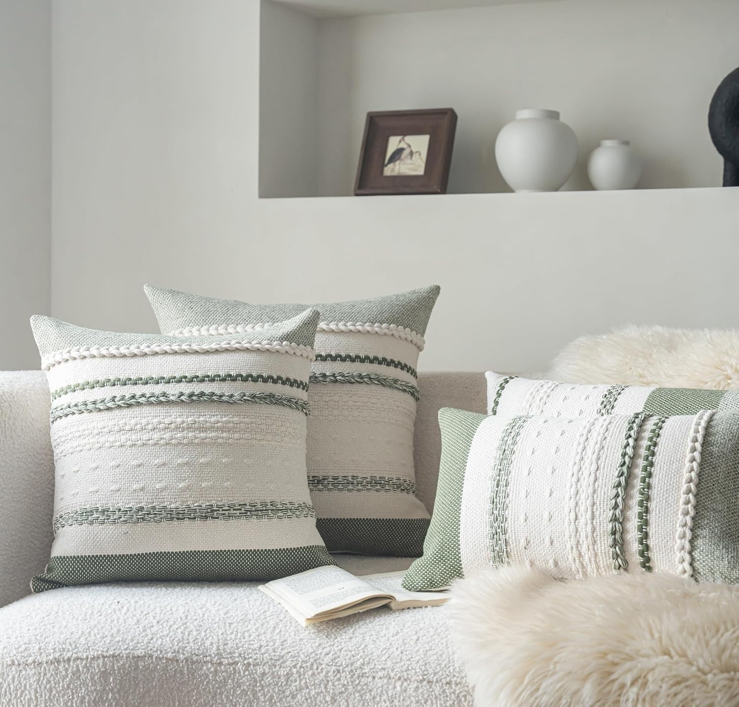 Throw Pillow Covers 18x18 Inch Set of 2, Green Textured Decorative Couch Pillow Cases for Farmhouse Home Decor, Accent Cushion Cover for Sofa, Bed, Living Room, Bedroom