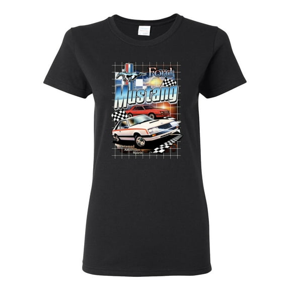 Wild Bobby Mustang Untamed American Spirit Ford Cars and Trucks Women Graphic Tee, Black, Small
