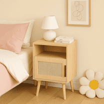 Homy Casa Rattan Nightstand with Storage, Small Bedside Table for Cozy Bedroom Reading Nook, Oak