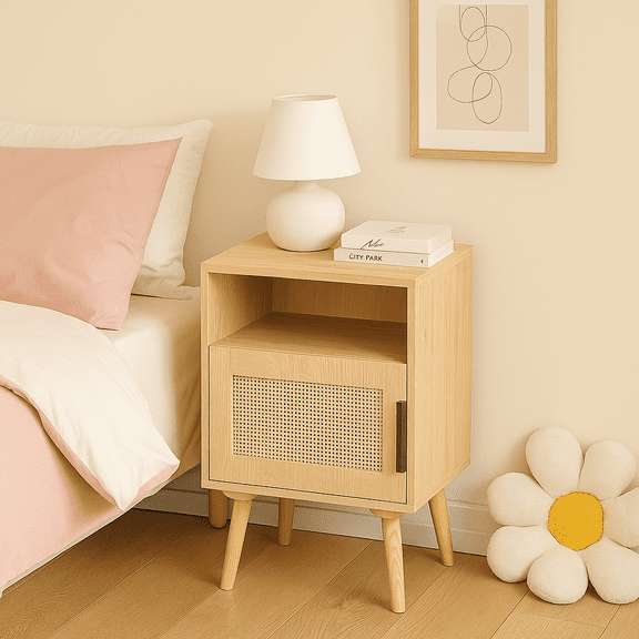 Homy Casa Rattan Nightstand with Storage, Small Bedside Table for Cozy Bedroom Reading Nook, Oak