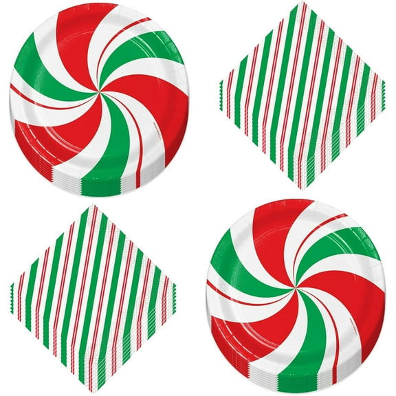 Peppermint Swirl Red & Green Christmas Holiday Paper Dessert Plates and Beverage Napkins (Serves 16)
