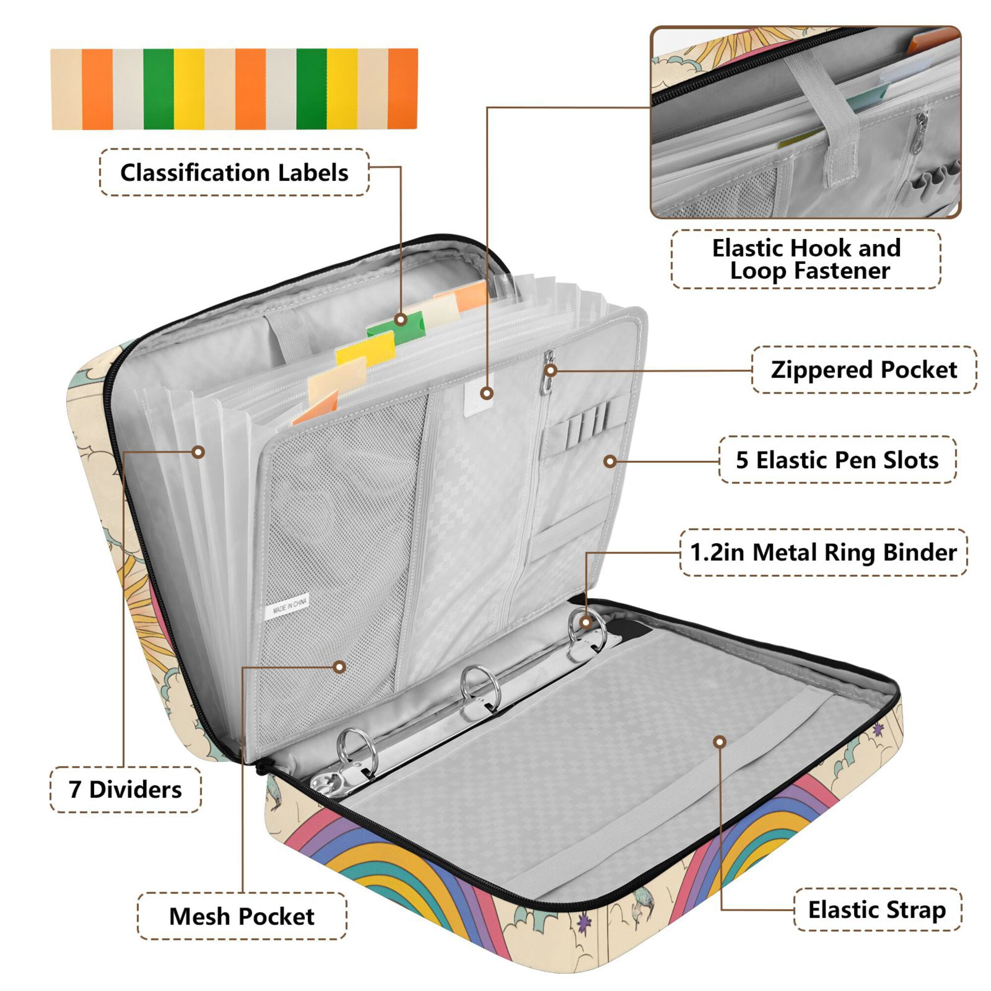 FORMRS Accordion File Folder A4 Size 7-Pocket Expanding Document Organizer Bag with 3 Ring Binder, Beige Rainbow