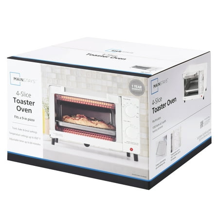 Mainstays 4 Slice Countertop Toaster Oven with 3 Settings, Includes Baking Rack and Pan, Arctic White, New