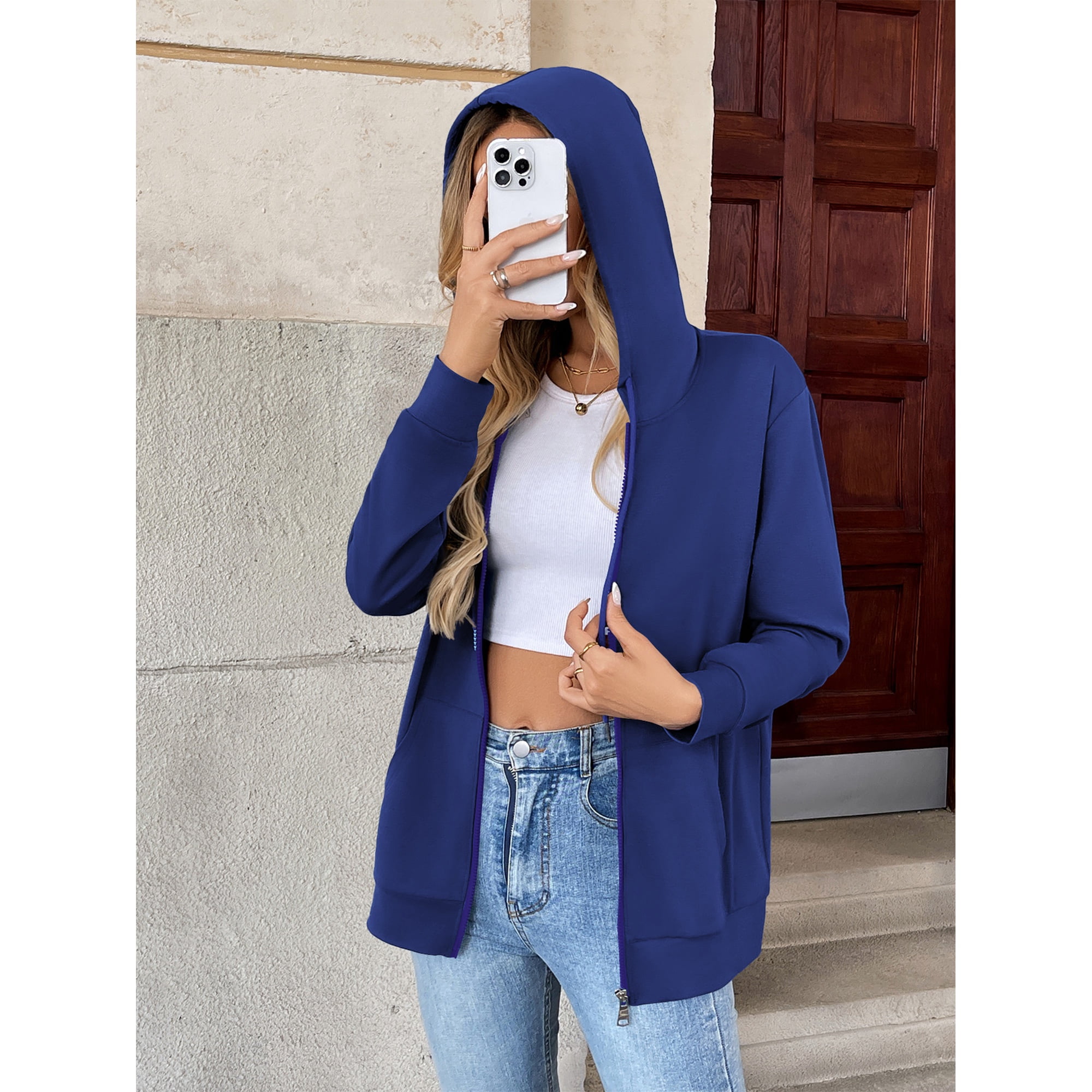 HOWCOME Basic Lightweight Full Zip Hoodie for Women Long Sleeve Thin Cardigan Jacket Drawcord Hooded Sweatshirt with Pockets, Royal Blue Medium