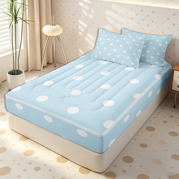Erosebridal Fresh Sky Pastel Dot Zipper Twin Comforter Sets with Fitted Sheet and 2 Pillowcases,Clean White Large Polka Tile Zipper Bedding Set,Pale Cyan White,4-Piece,Reversible