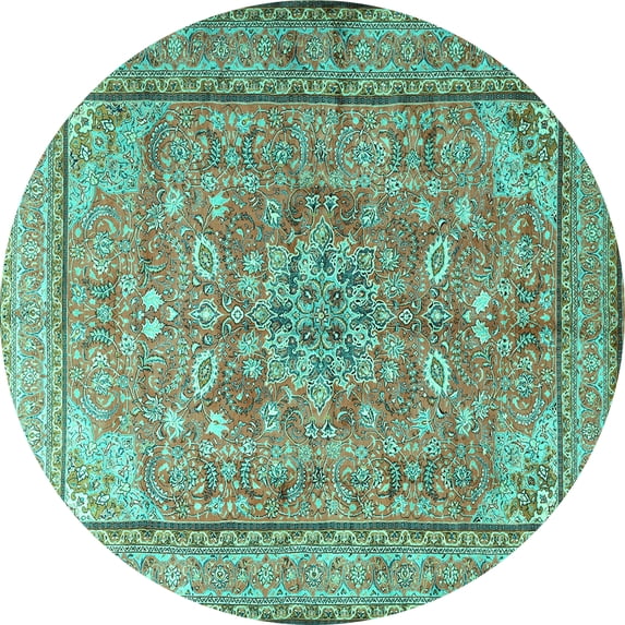 Ahgly Company Machine Washable Indoor Round Persian Turquoise Blue Traditional Area Rugs, 7' Round