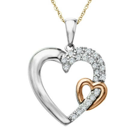 Duet 1/5 ct Diamond Double Heart Pendant Necklace in Sterling Silver & 14kt Rose Gold