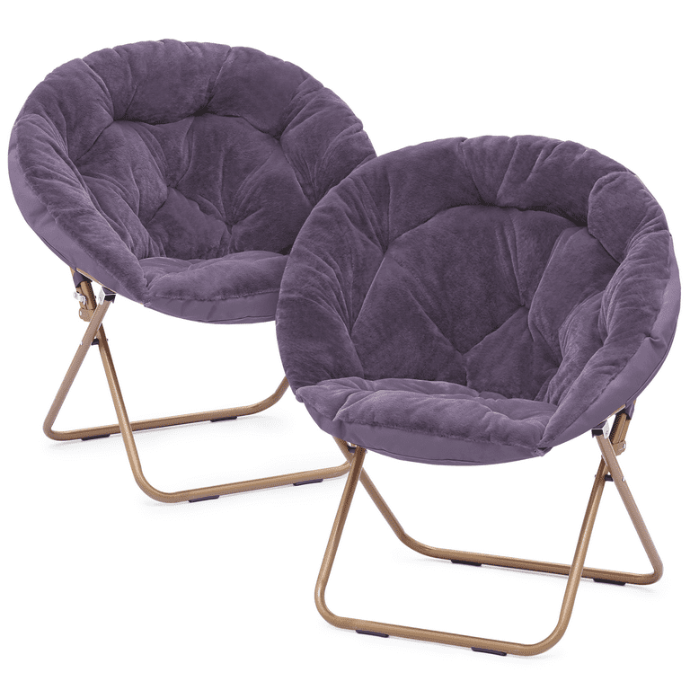 Magshion Set of 2 X Large Faux Fur Saucer Chair Folding Accent Chair Collapsible Moon Chair Seat with Metal Frame for Bedroom Dorm Living Room