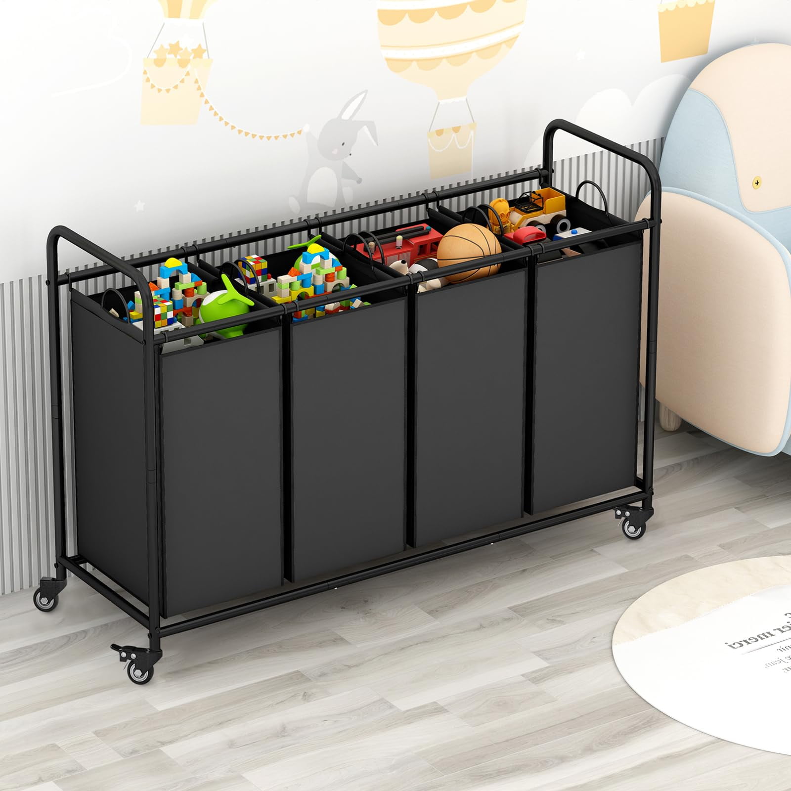4 Bag Laundry Basket Sorter Laundry Hamper Cart with Heavy Duty Rolling Lockable Wheels and Removable Bags Organiser