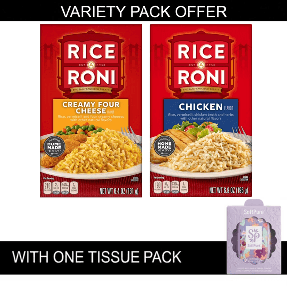 Rice-A-Roni Creamy Four Cheese Rice & Vermicelli Mix, 6.4 oz Cardboard Regular Box | Rice-A-Roni Chicken Broth and Herbs Flavor Rice & Vermicelli Packaged Meal, Shelf-Stable 6.9 oz Box