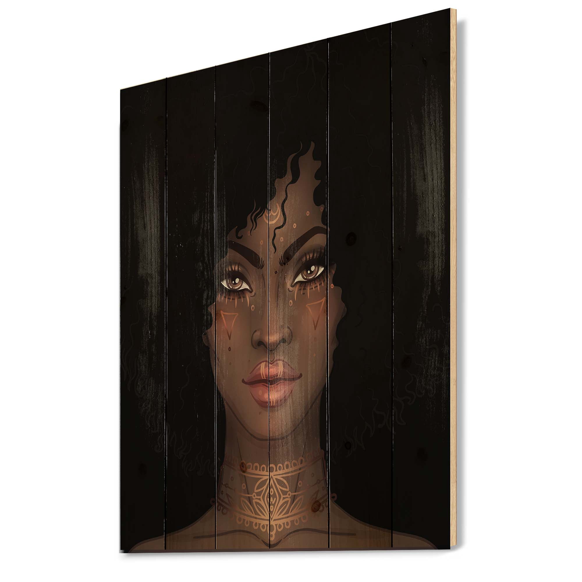 Designart 'Portrait of Afro American Woman II' Modern Print on Natural Pine Wood