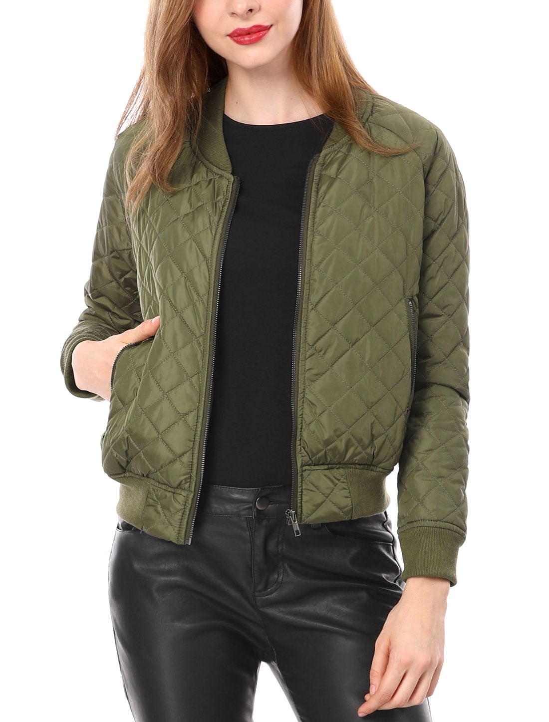 Unique Bargains Women's Quilted Zip Up Moto Raglan Sleeves Bomber Jacket, Size: Medium, Pink