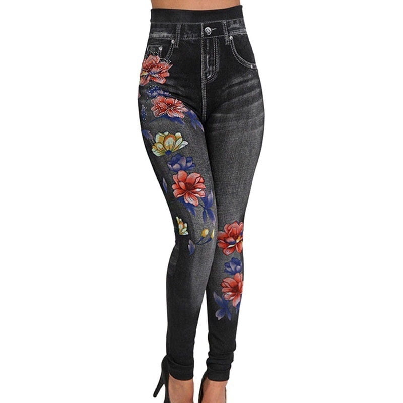 Funavi Women Denim Faux Jean Leggings Pants Slim Fit Embroidered Floral Flower Pants Black Xl