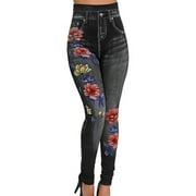 Women Denim Faux Jean Leggings Pants Slim Fit Embroidered Floral Flower Pants