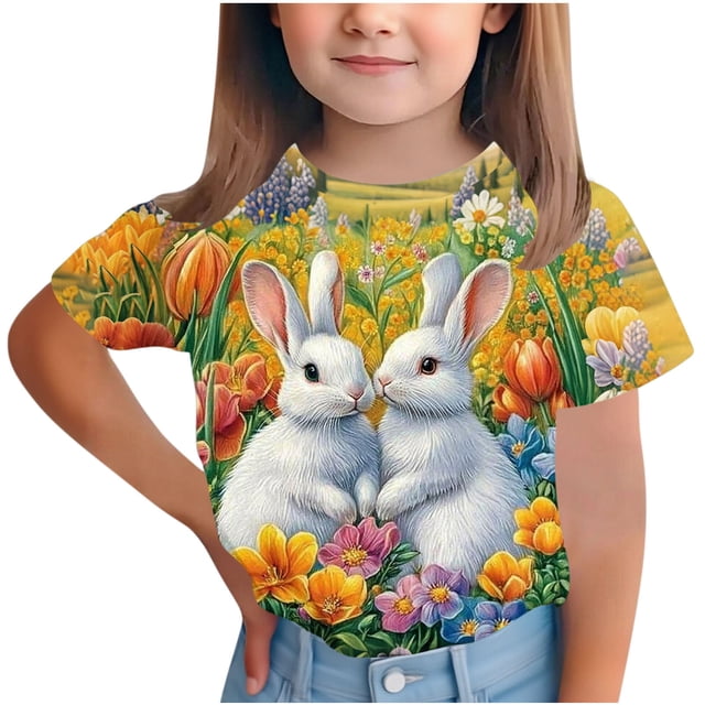 Camiseta de Manga Corta para Niños con Linda Impresión de Pascua Cuello Redondo Casual Versátil Camiseta de Manga Corta para Niños de 3-14 Años