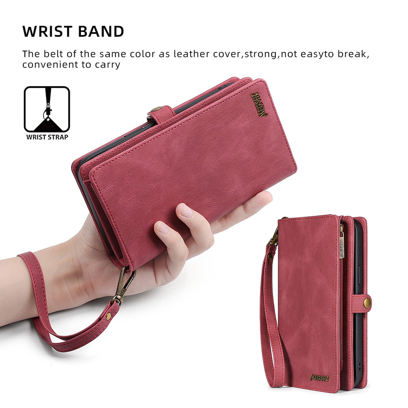 for Samsung Galaxy S24 Case for Women Men, Removable Durable PU Leather Magnetic Flip Strap Wristlet Zipper Purse Card Holder Detachable Wallet Phone Cases for Samsung Galaxy S24, Red