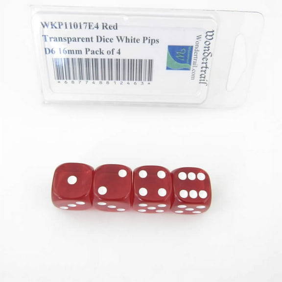 Red Transparent Dice with White Pips Rounded Corners D6 16mm (5/8in) Pack of 4 Wondertrail