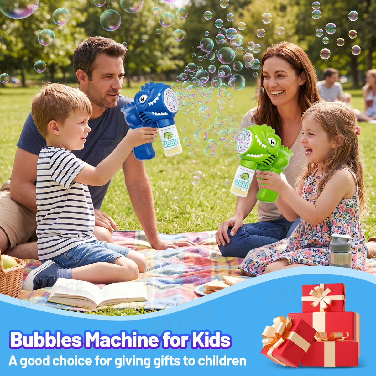 Dinosaur Bubbles Machine Handled Bubble Blower Maker with 6-Holes Automatic Bubbles for Kids Outdoor Play Party Gifts-Green