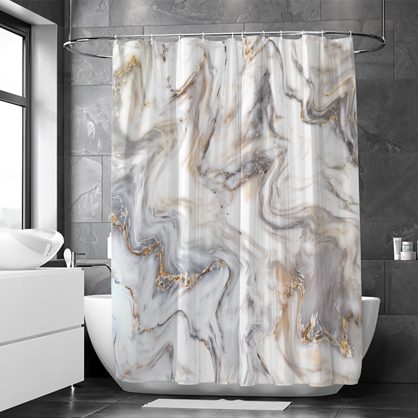 Grey Gold Marble Shower Curtain,Abstract Grey Gold White Bathroom