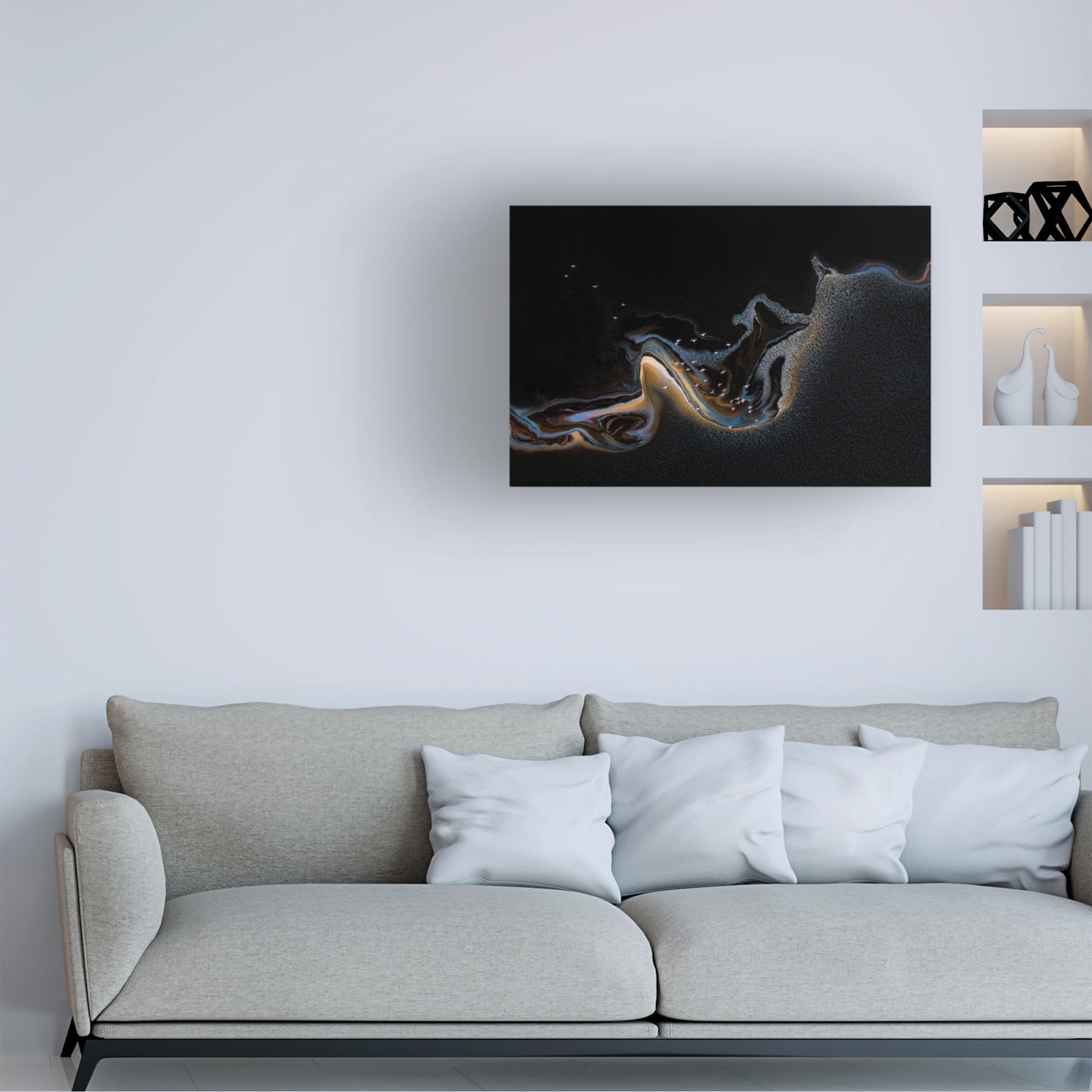Canvas Wall Art - Henry Zhao 'Flamingo Over Lake' Wall Art for Living Room, Bedroom, or Office D?cor by Trademark Fine Art - 47 x 30 Inches