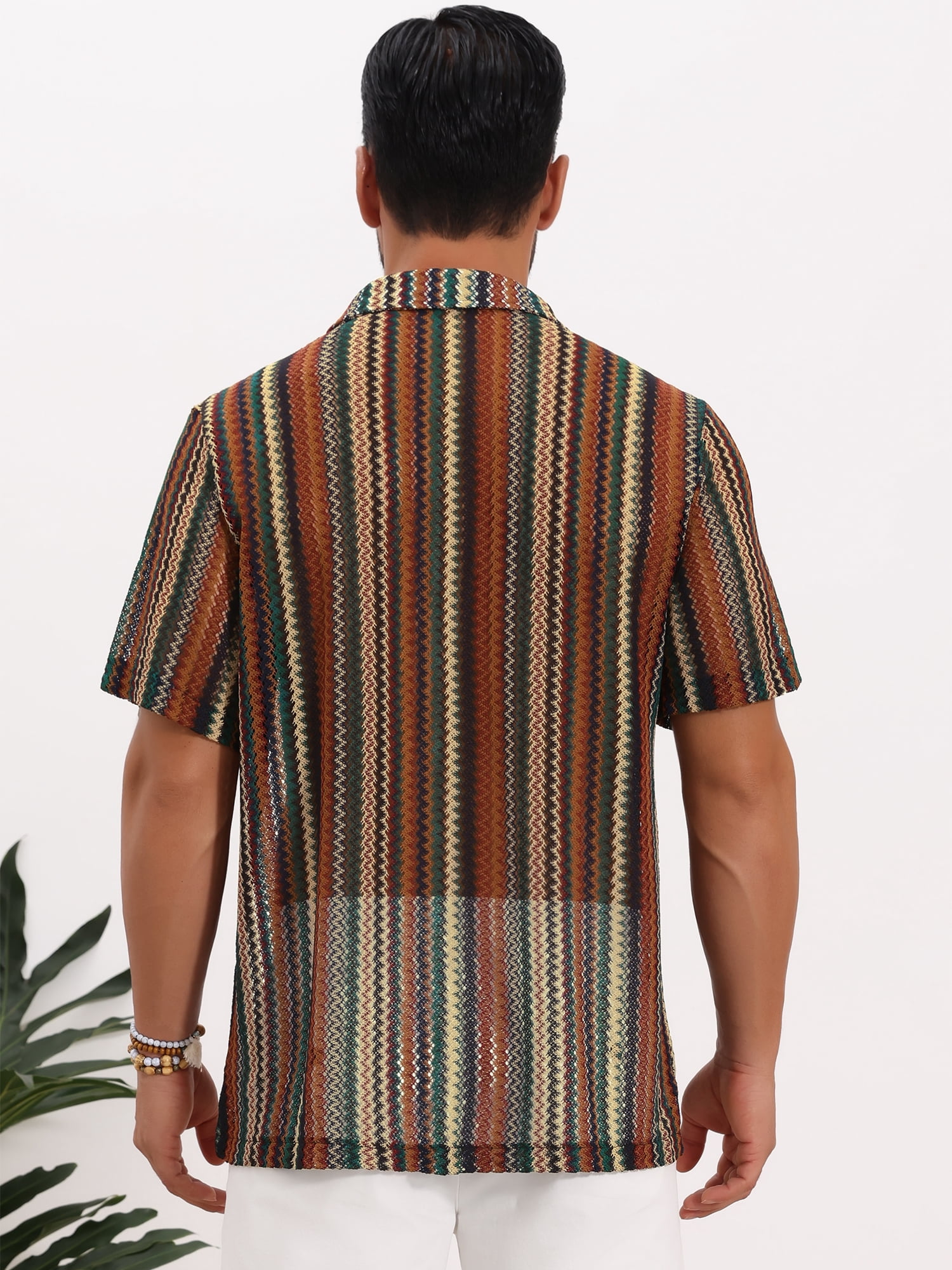 DARING DIVA Men's Striped Short Sleeve Button Down See Through Shirts L Brown Green