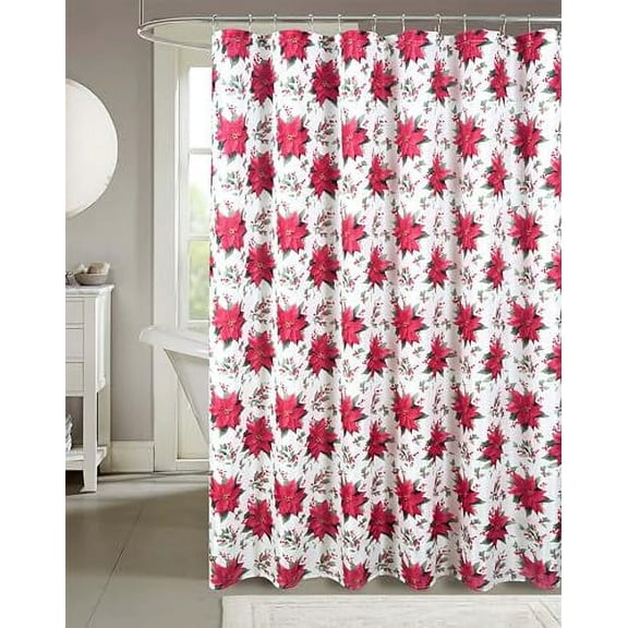 Serafina Home Holiday Christmas Shower Curtain for Bathroom: Elegant Fabric Holiday Holly Poinsettia Ornamental Design, Red, Green, and White Decorative Print Design
