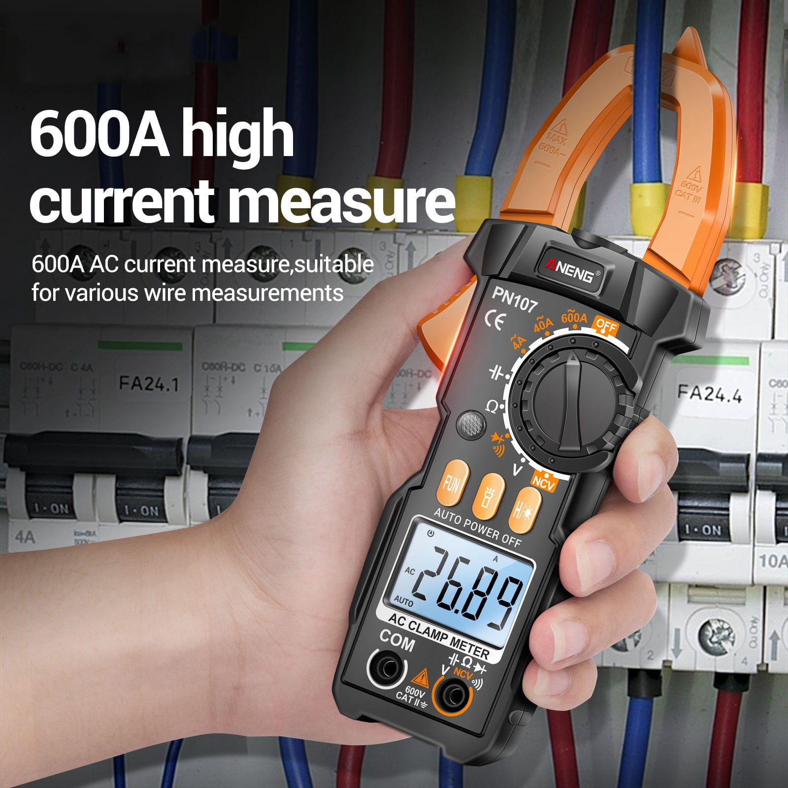 ANENG PN107 Digital Clamp Meter CAT II 600V AC Voltage Multimeter Tester 4000 Counts Amp Voltage Tester Measures AC/DC Current AC Voltage Resistance Capacitor Diodes