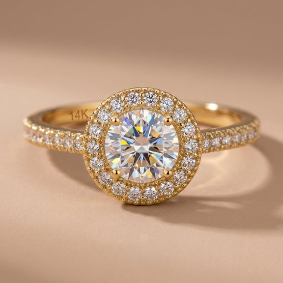 Vinali Solid 14K Yellow Gold Halo Round CZ Engagement Ring for Women Size 5