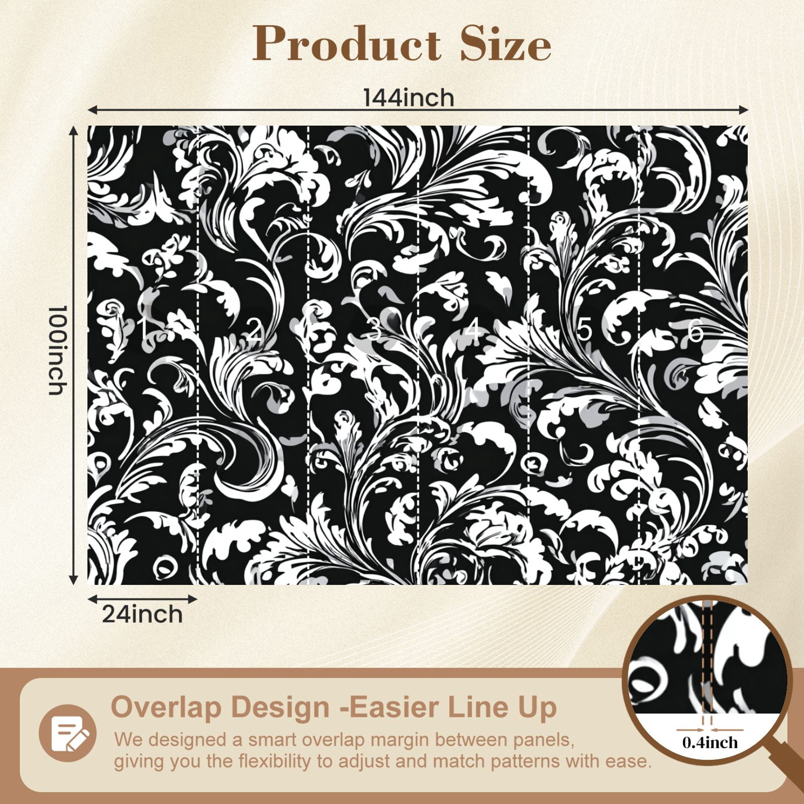 Wall Mural Peel and Stick Floral baroque damask Seamless Black white ornament Self-Adhesive Wallpaper Removable Wall Decal Wall Sticker Home Decor for Living Room Bedroom 100"x144"