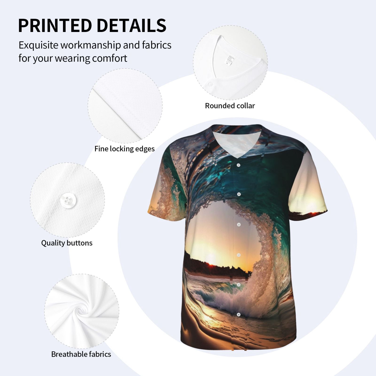 Mens Graphic Baseball T Shirt Short Sleeve Summer Casual Tee Top Jersey, Wave Inside Hollow Morning Surf