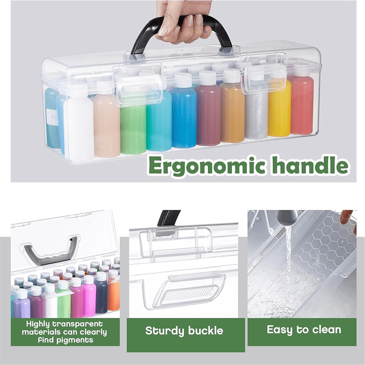 3 Pcs Paint Storage Box for 2 Fl. Oz Acrylic Paints, Acrylic Portable Craft Art Organizer with Handle, 30 Bottles Black
