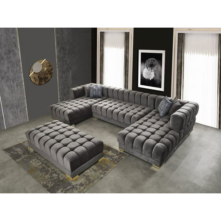 Oversized U Double Sofa Modular Set Seater STAFFORA Room 3PCS Sofa Velvet Shaped - - Ariana for 7 (Gray) Sectional Chaise Living Couch