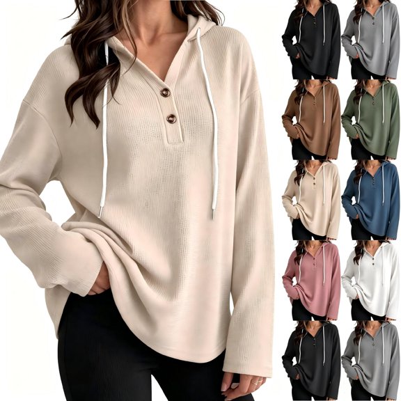 Tqcoqu Women's Waffle Knit Henley Button Hoodie,Drawstring V Neck Drop Shoulder Long Sleeve Casual Pullover Tops,Beige Women's S-XXL