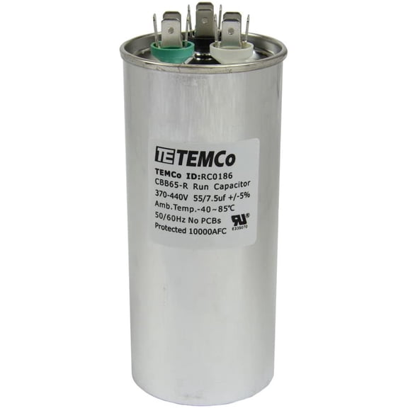 TEMCo 55 7.5 uF Dual Run Capacitor CBB65, 55/7.5 MFD, 370-440V, Round, 50/60Hz