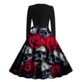 thumbnail image 3 of Skull Print Vintage Dress for Women Long Sleeve Gothic Halloween Dress A Line Retro Party Swing Dresses, 3 of 3